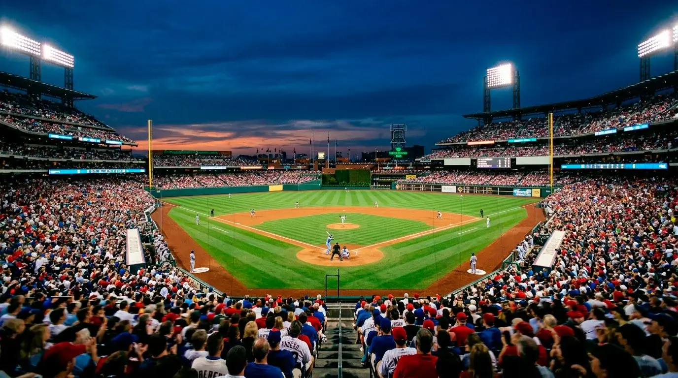 Packed MLB baseball stadium under floodlights during a regular season night game