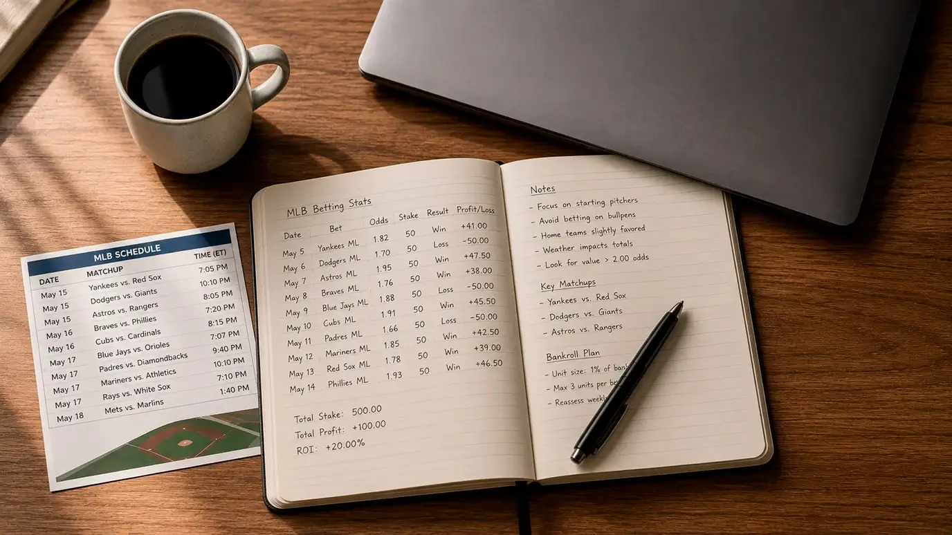 Open notebook with handwritten MLB betting records and a pen on a desk beside a laptop