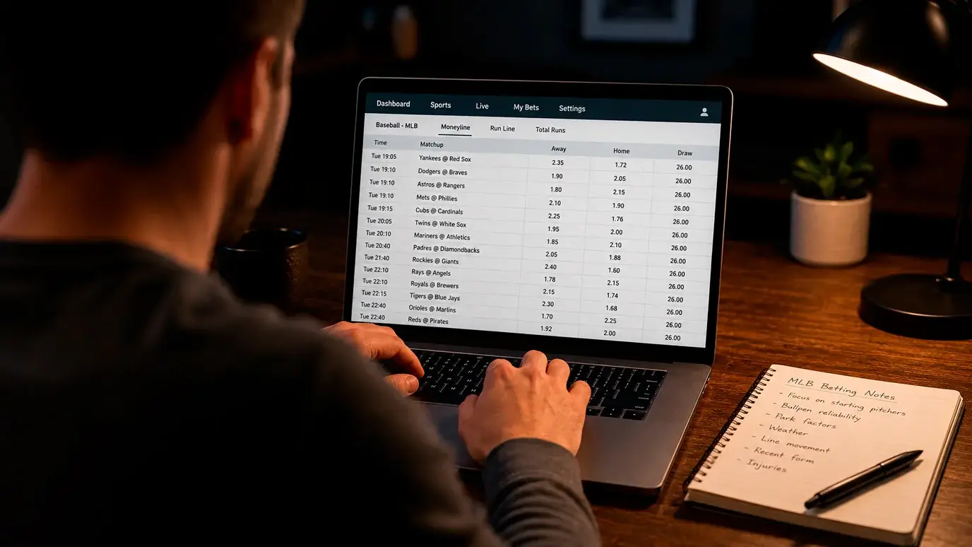 Person reviewing MLB betting odds on a laptop screen with multiple bookmaker tabs open