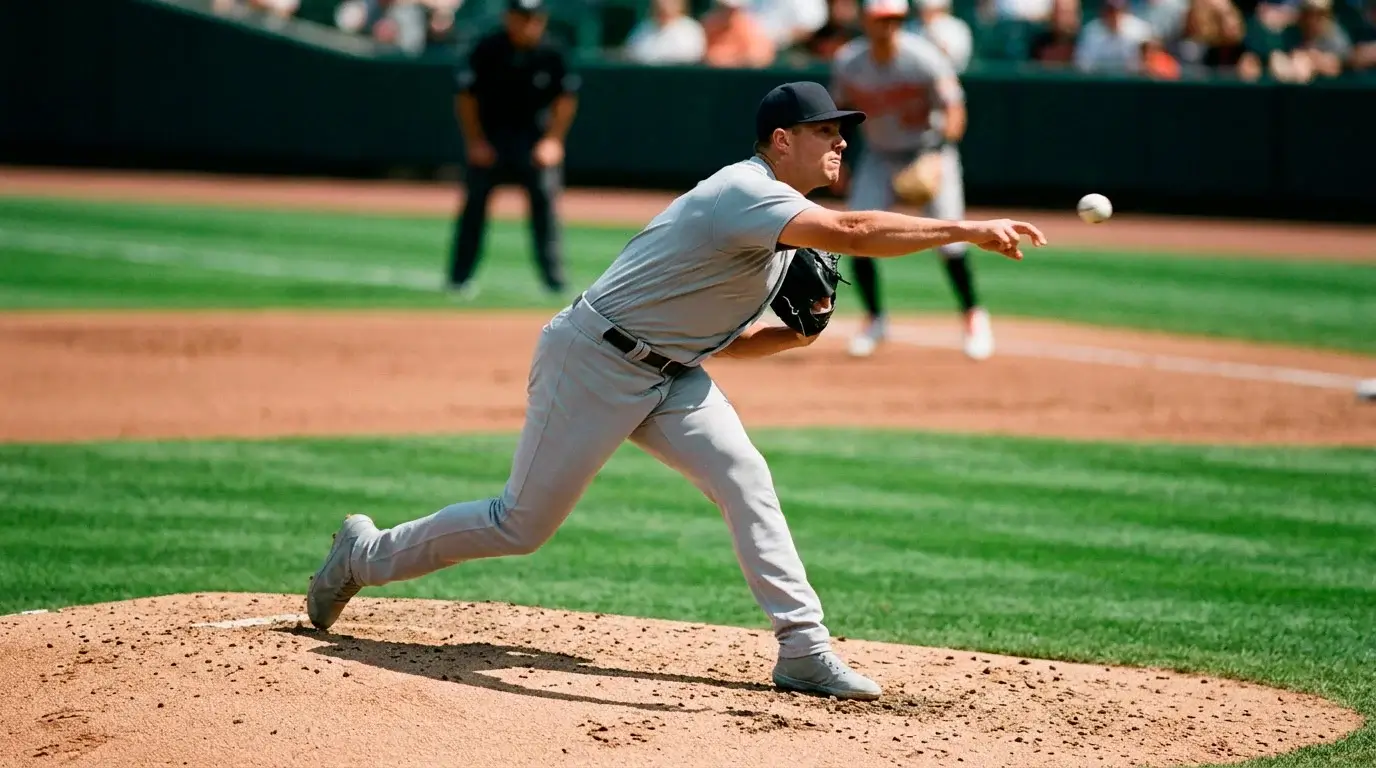 MLB pitcher mid-delivery on the mound with the infield visible behind him