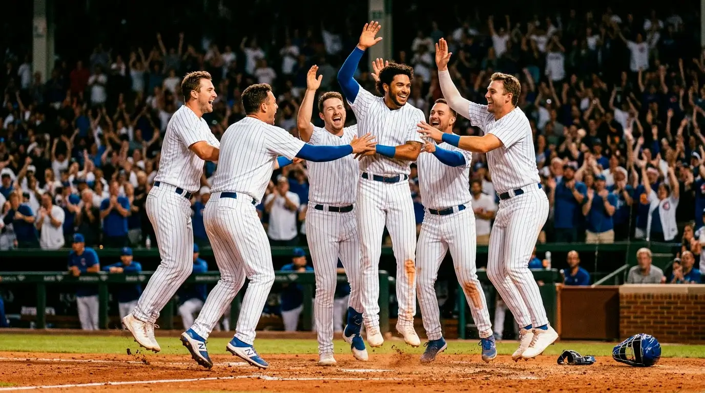 Baseball players celebrating a walk-off win at home plate in an MLB game